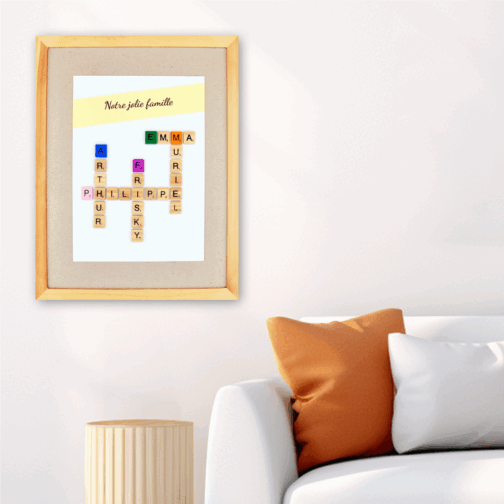 L’affiche scrabble avec des prénoms accrochée au mur